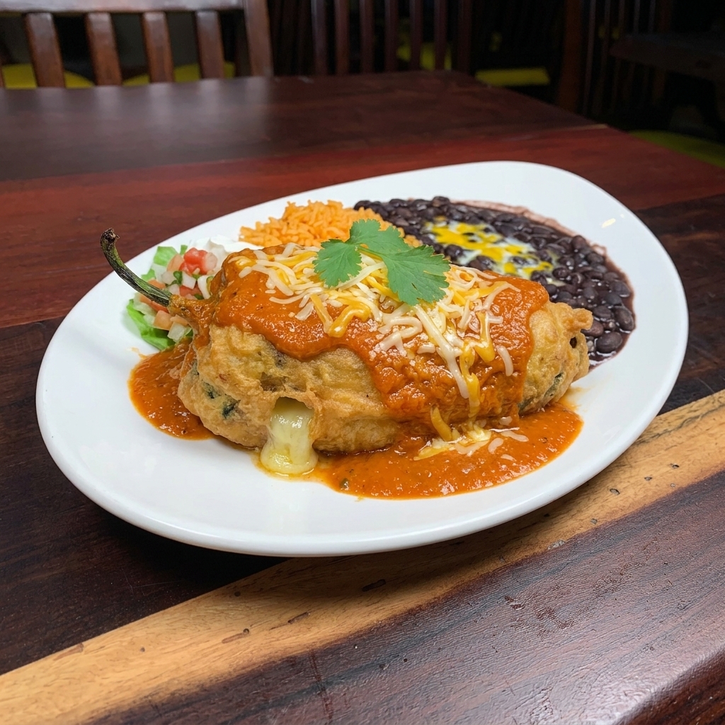 Chile relleno capeado con queso derretido, bañado en salsa ranchera y queso rallado, en Hacienda Campos