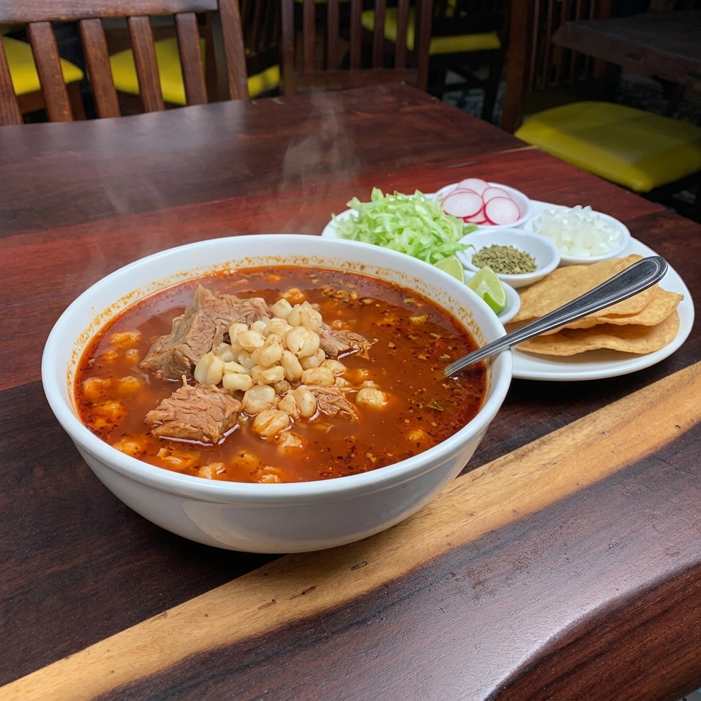 Plato de pozole rojo de puerco con maíz pozolero, con lechuga, rábano, cebolla, orégano, limón y tostadas, en Hacienda Campos