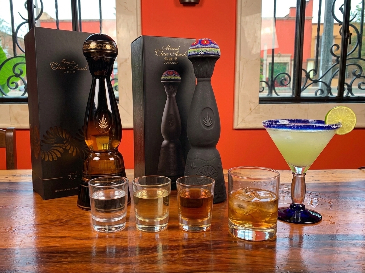 Tequila Clase Azul Gold y mezcal Clase Azul Durango con vasitos, un tequila en las rocas y una margarita en Hacienda Campos